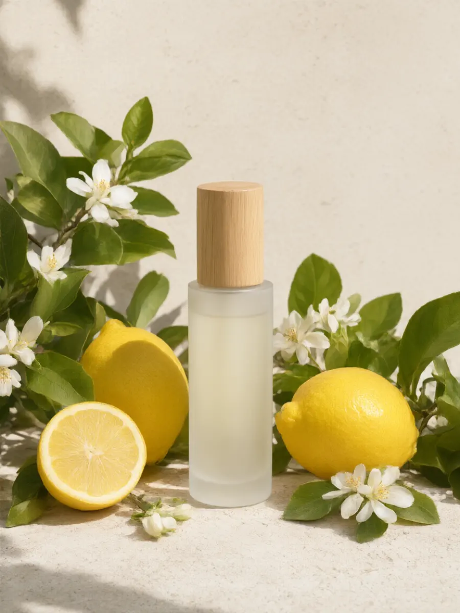 A bottle with lemons and blossoms
