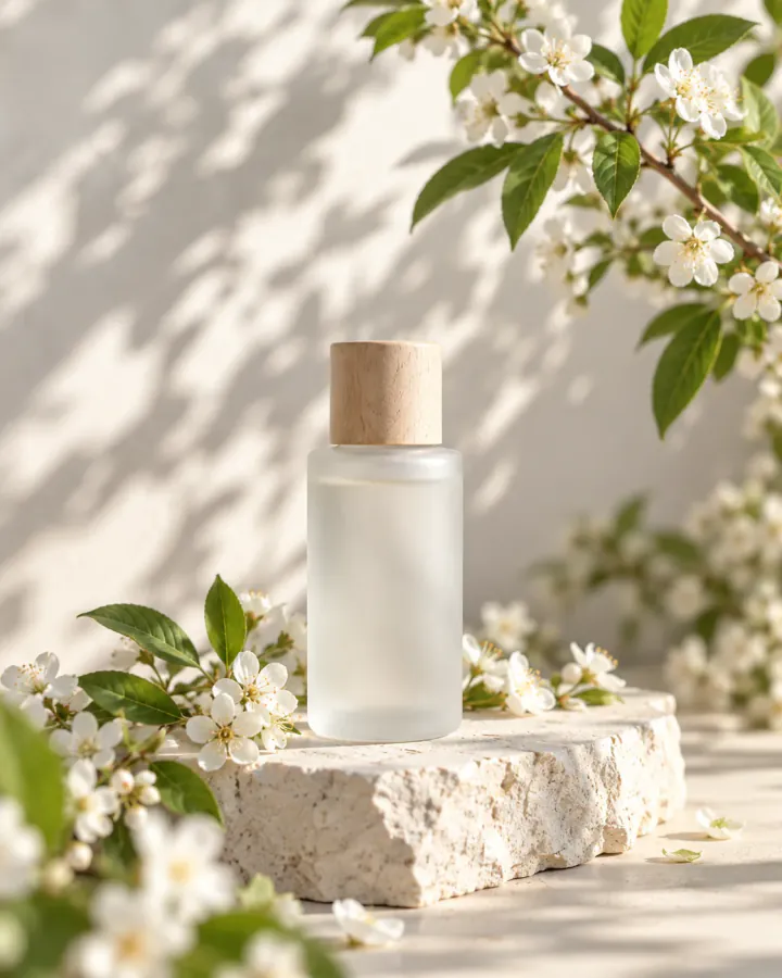 A bottle among white spring blossoms