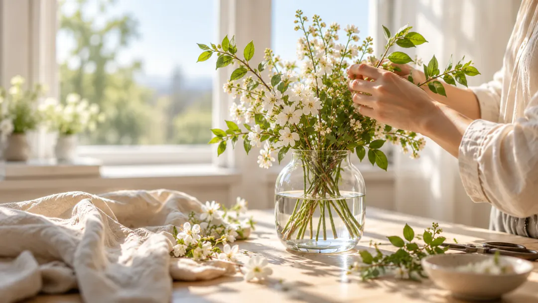 Hands arranging blossoms in a glass vase