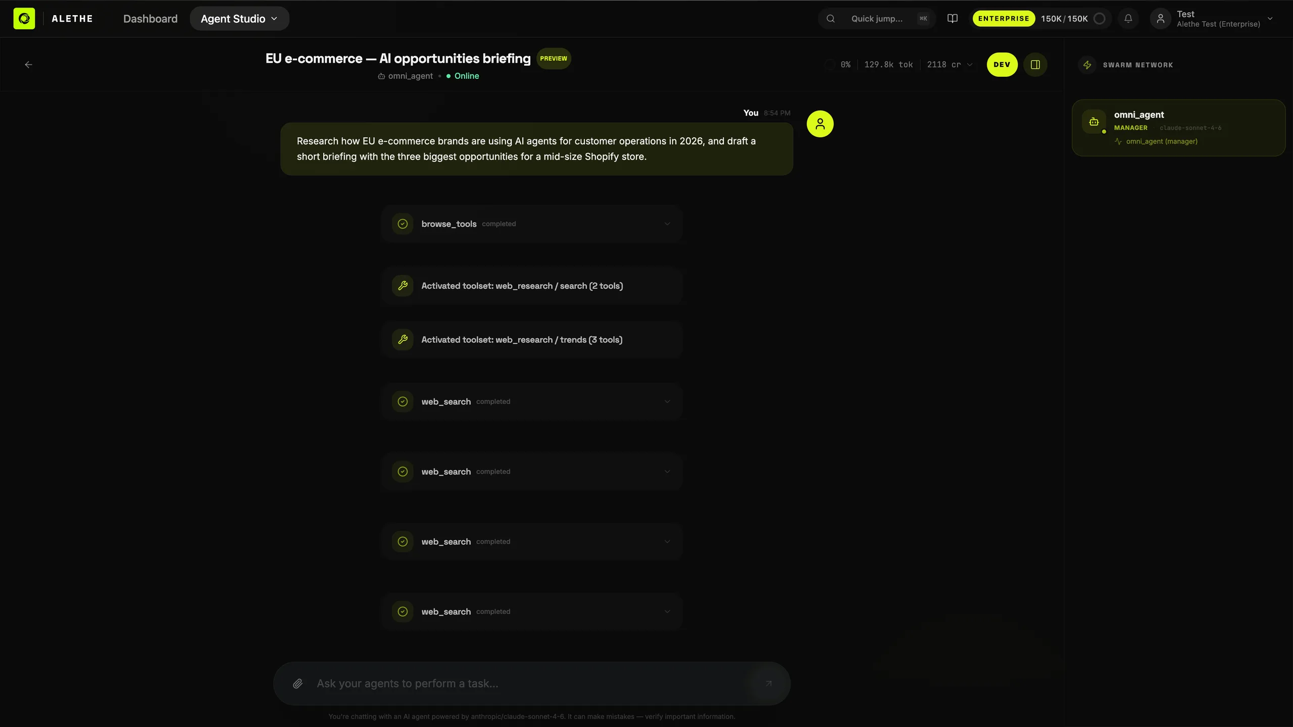 Real capture of a live agent run in Alethe — browse_tools and web_search tool calls completing in the chat, swarm network panel open