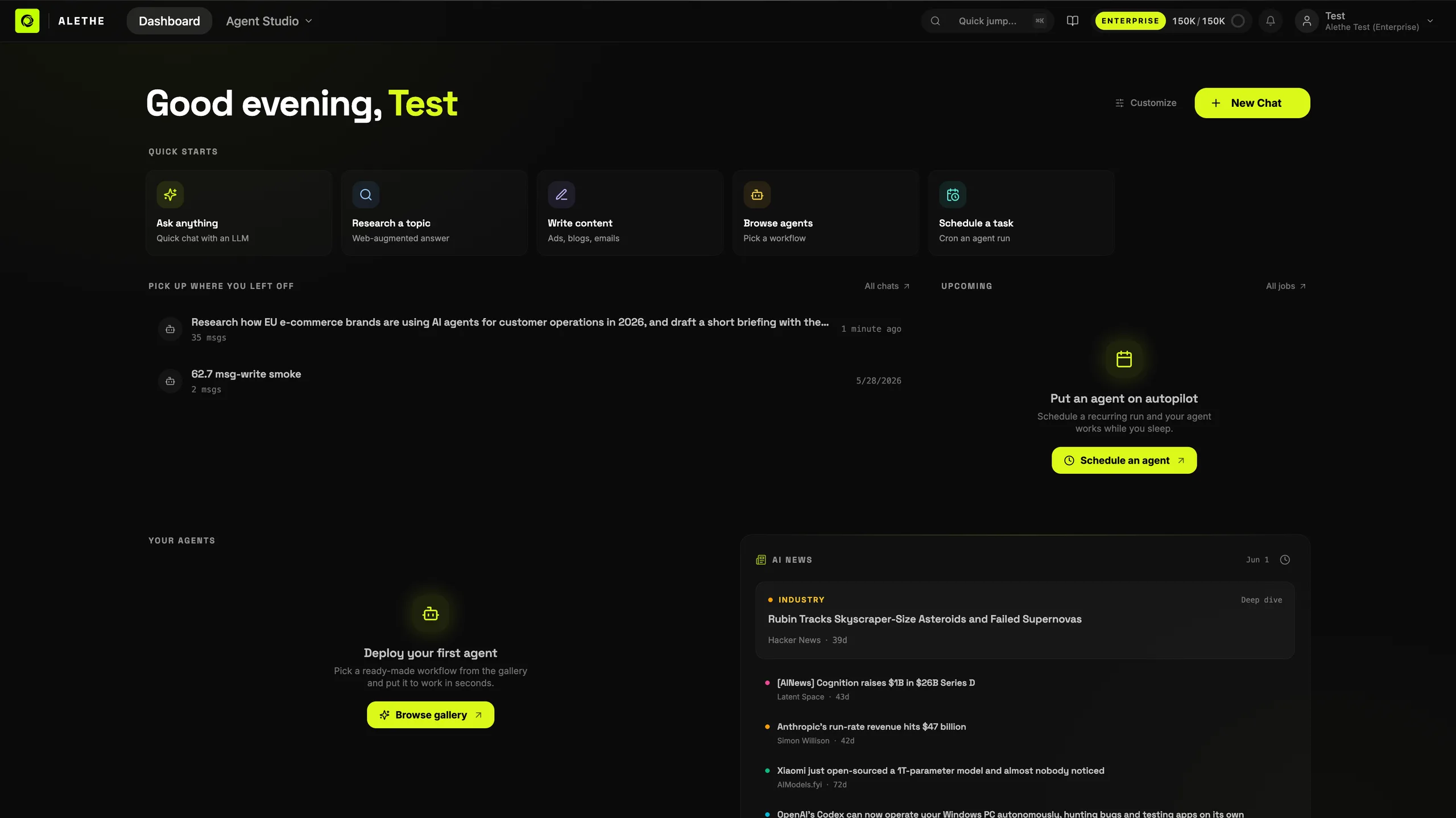 The Alethe workspace dashboard — chats, agents and modules in one surface