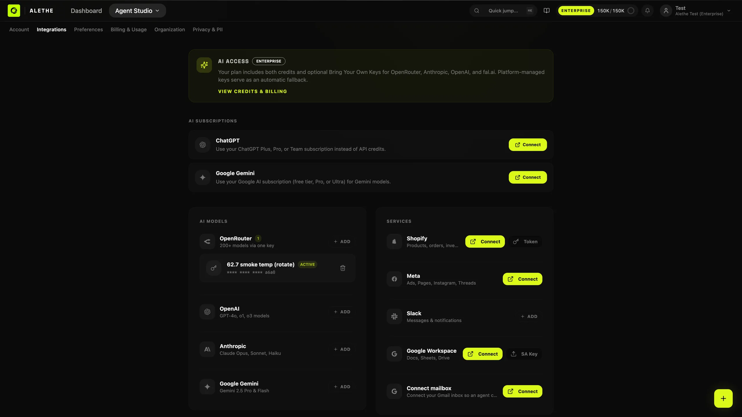 Real capture of the integrations settings — bring-your-own-key model providers and service connections for Shopify, Meta, Slack and Google Workspace