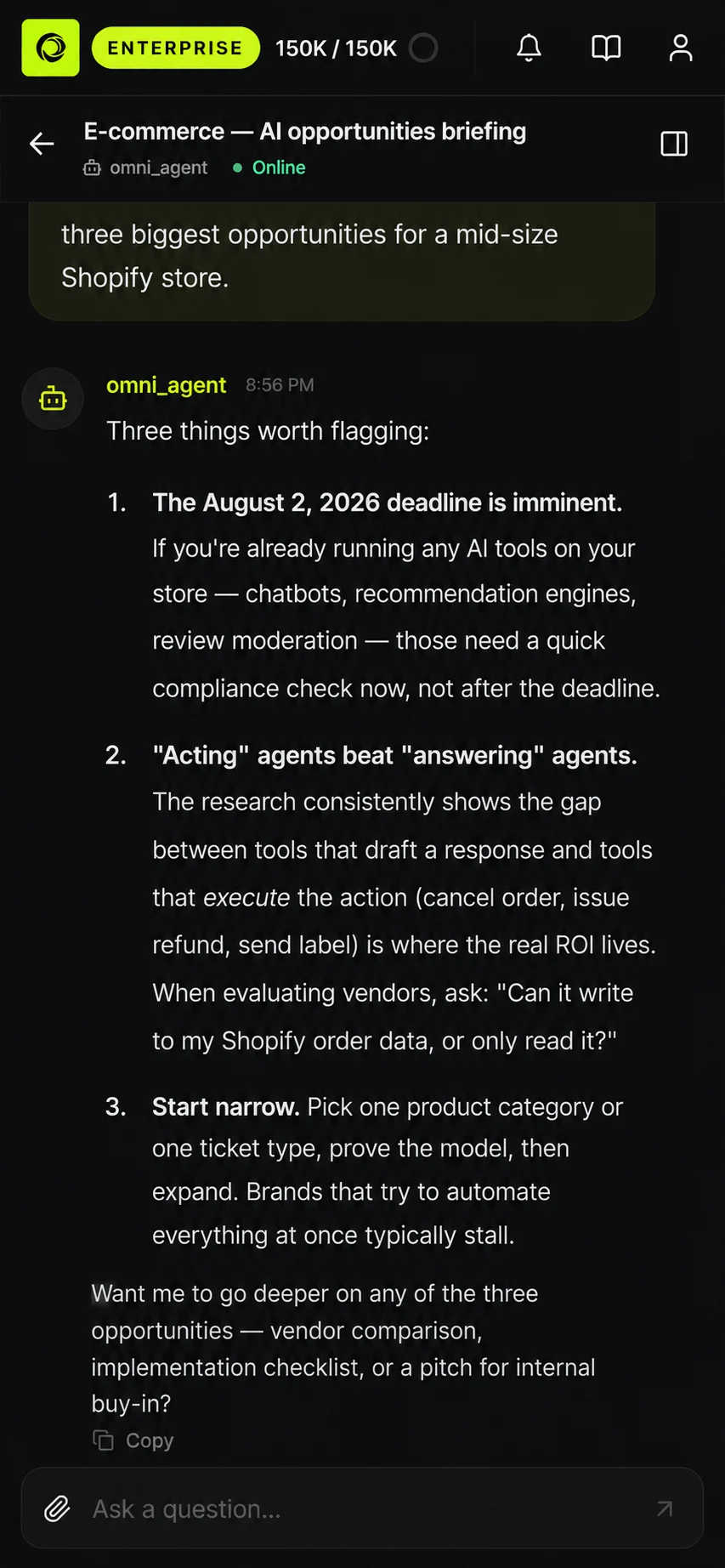 An Omni agent briefing open on a phone — the full Alethe workspace, responsive