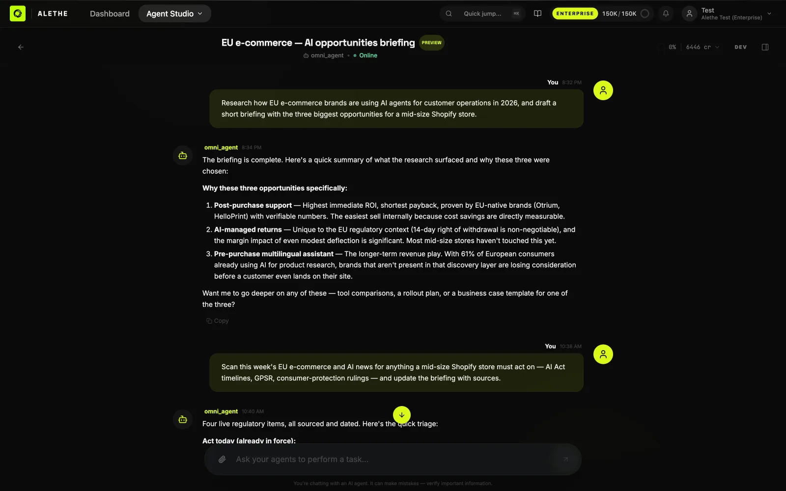 Real capture of a full agent run in Alethe — user brief, agent coordination and the sourced briefing that came back